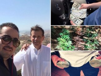 The Mayor with Diego. Separate pictures of large sums of money and marijuana growing operations show next to them.