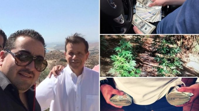 The Mayor with Diego. Separate pictures of large sums of money and marijuana growing operations show next to them.